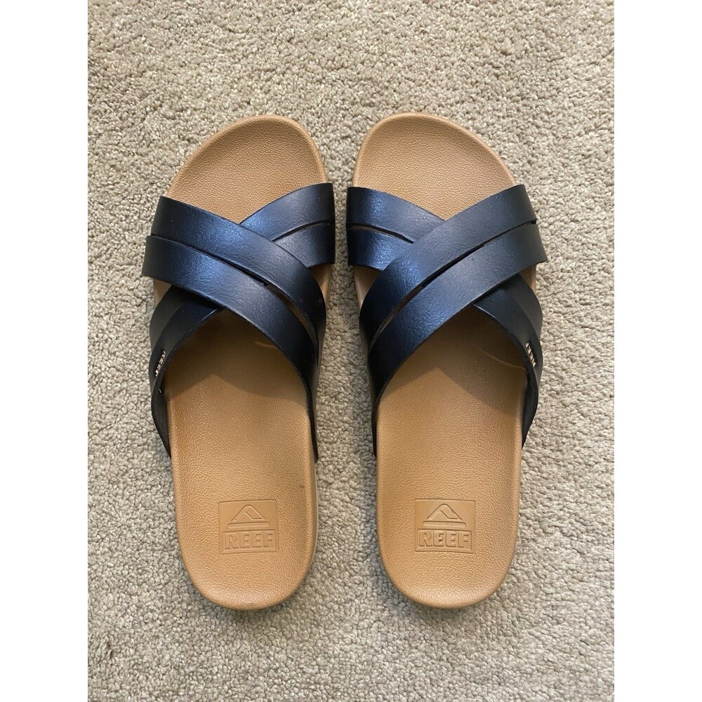 Reef Women's Cushion Spring Bloom Sandals  Black Crisscross Summer Staple Size 7